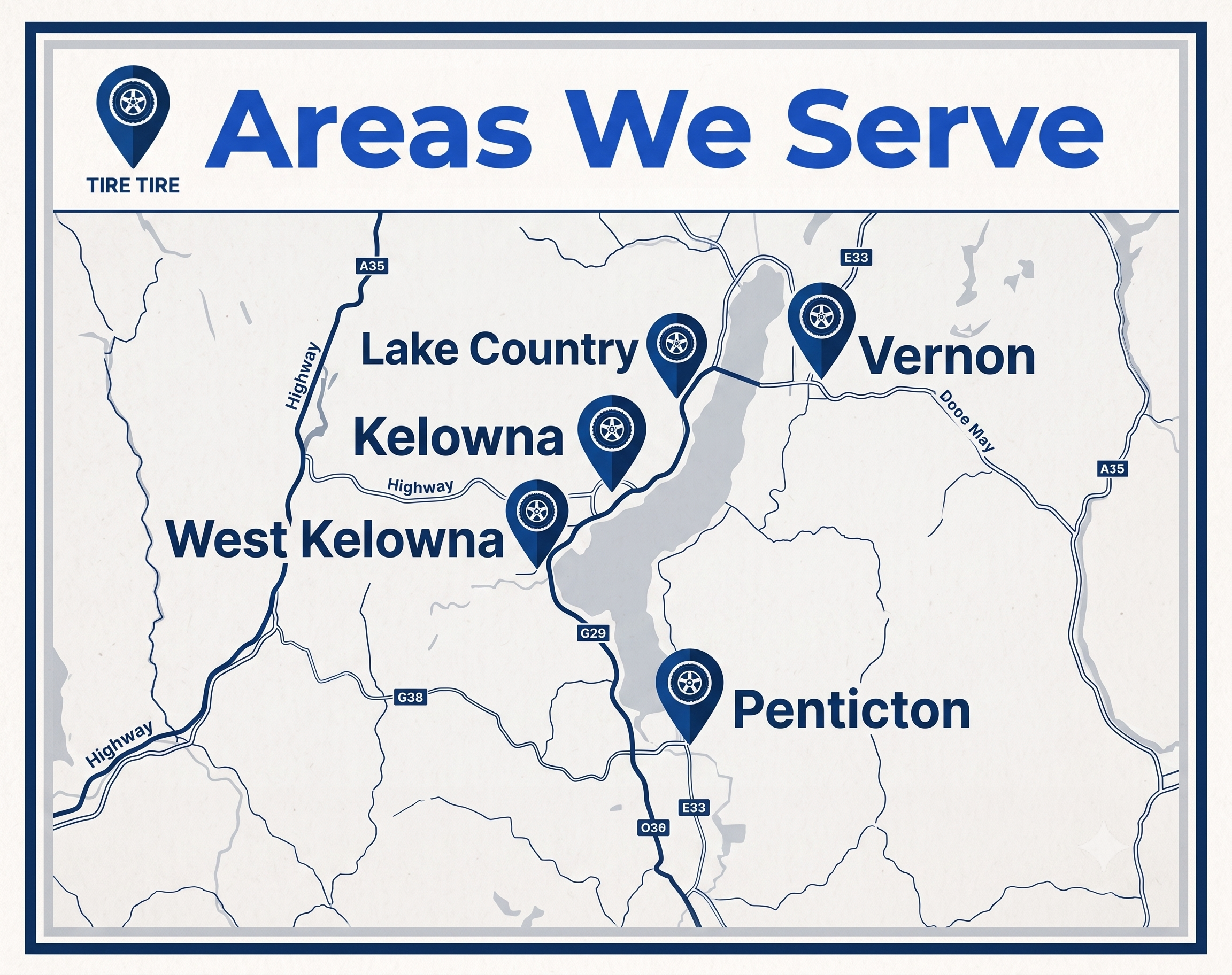 Map of the areas we serve including Kelowna, West Kelowna, Lake Country, Vernon and Penticton